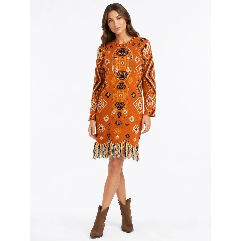 MOTHER Folksy Fringe The 3 Quarter Dress Pima Cotton Intarsia Multi Size S/M